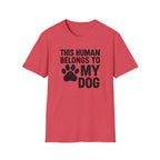 Red t-shirt with black text and paw print on a white background