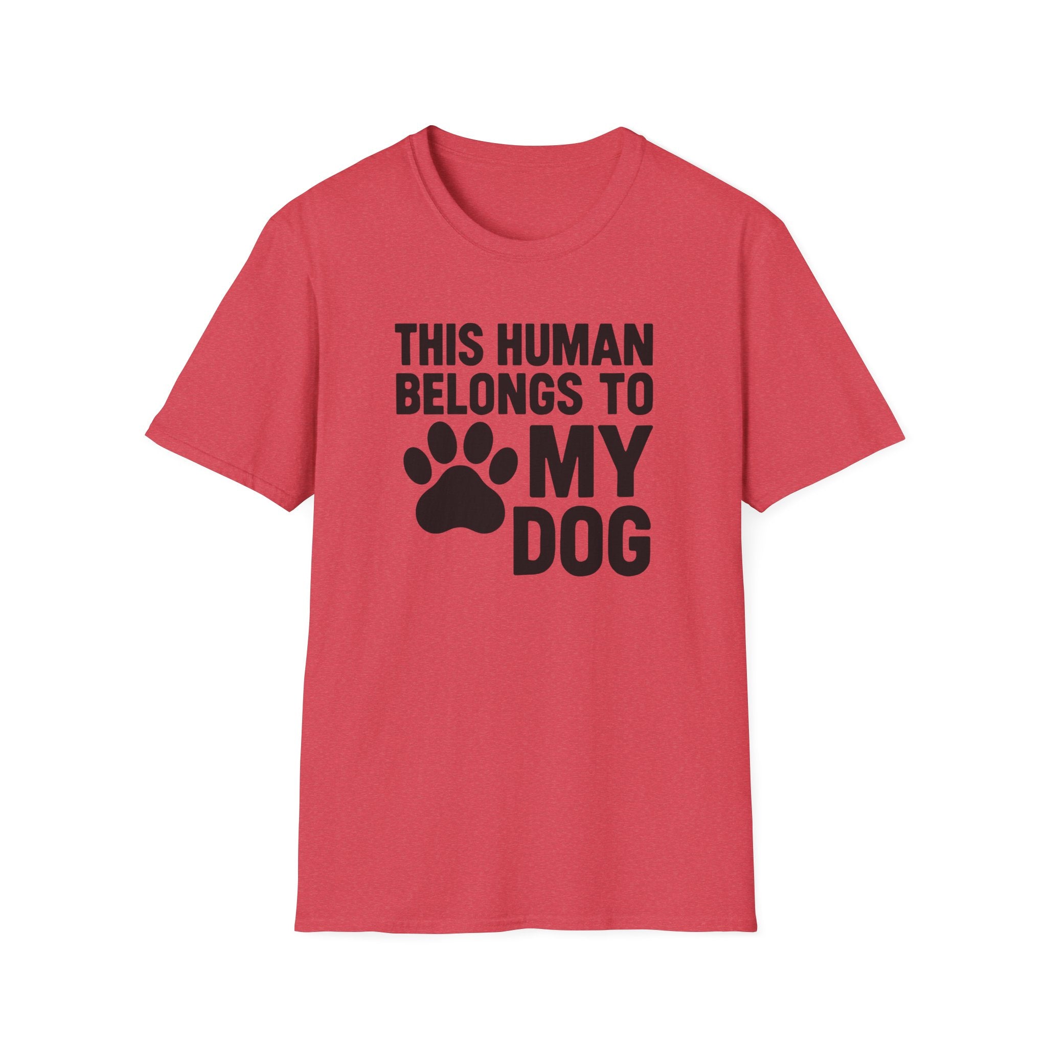 Red t-shirt with black text and paw print on a white background