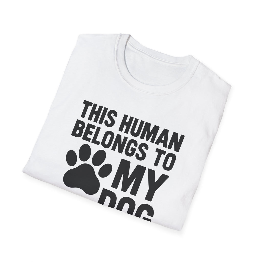 White t-shirt with black text and paw print design on a white background