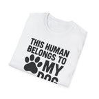 White t-shirt with black text and paw print design on a white background
