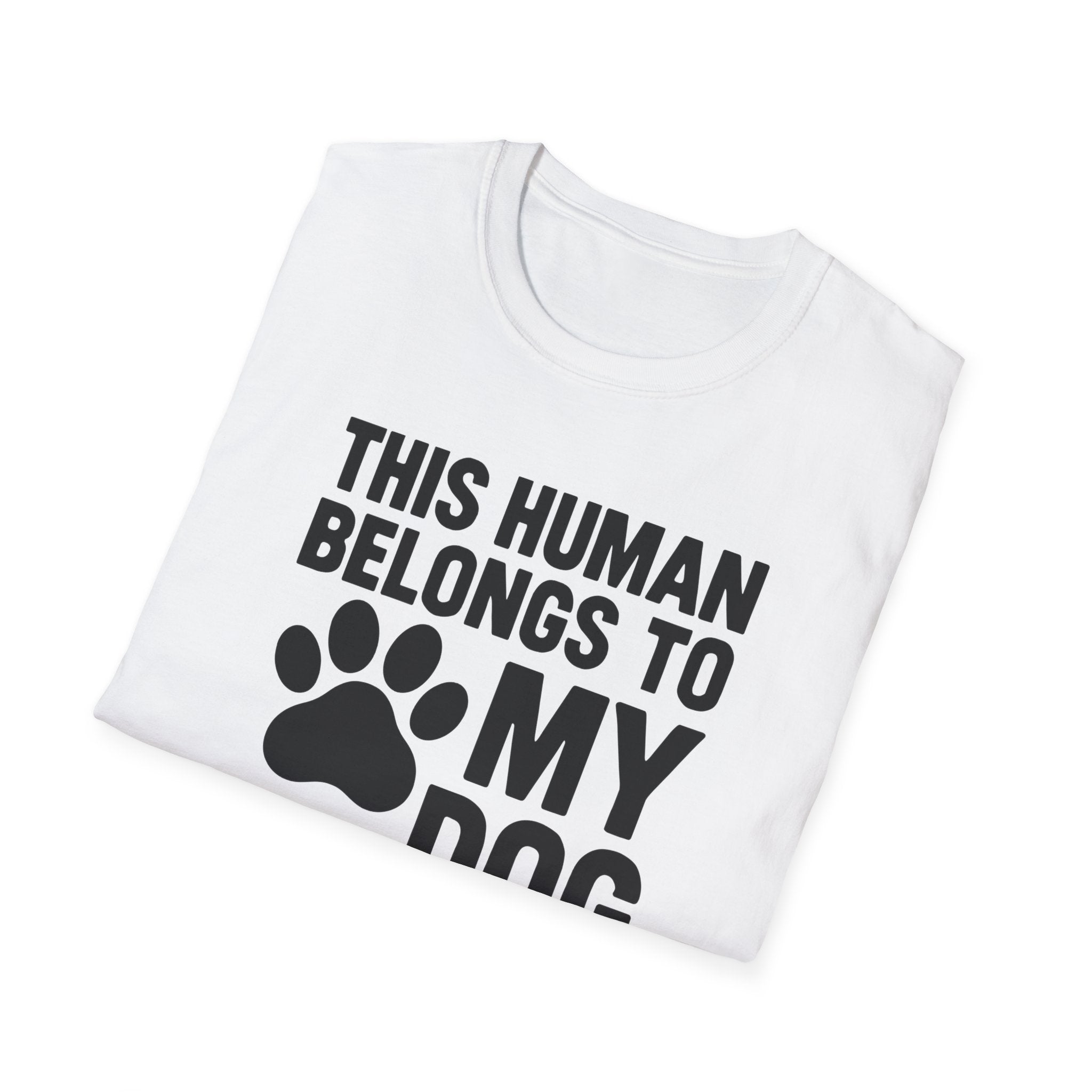 White t-shirt with black text and paw print design on a white background