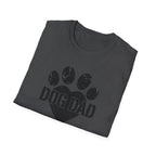Folded gray t-shirt with 'DOG DAD' text and paw print design on a white background