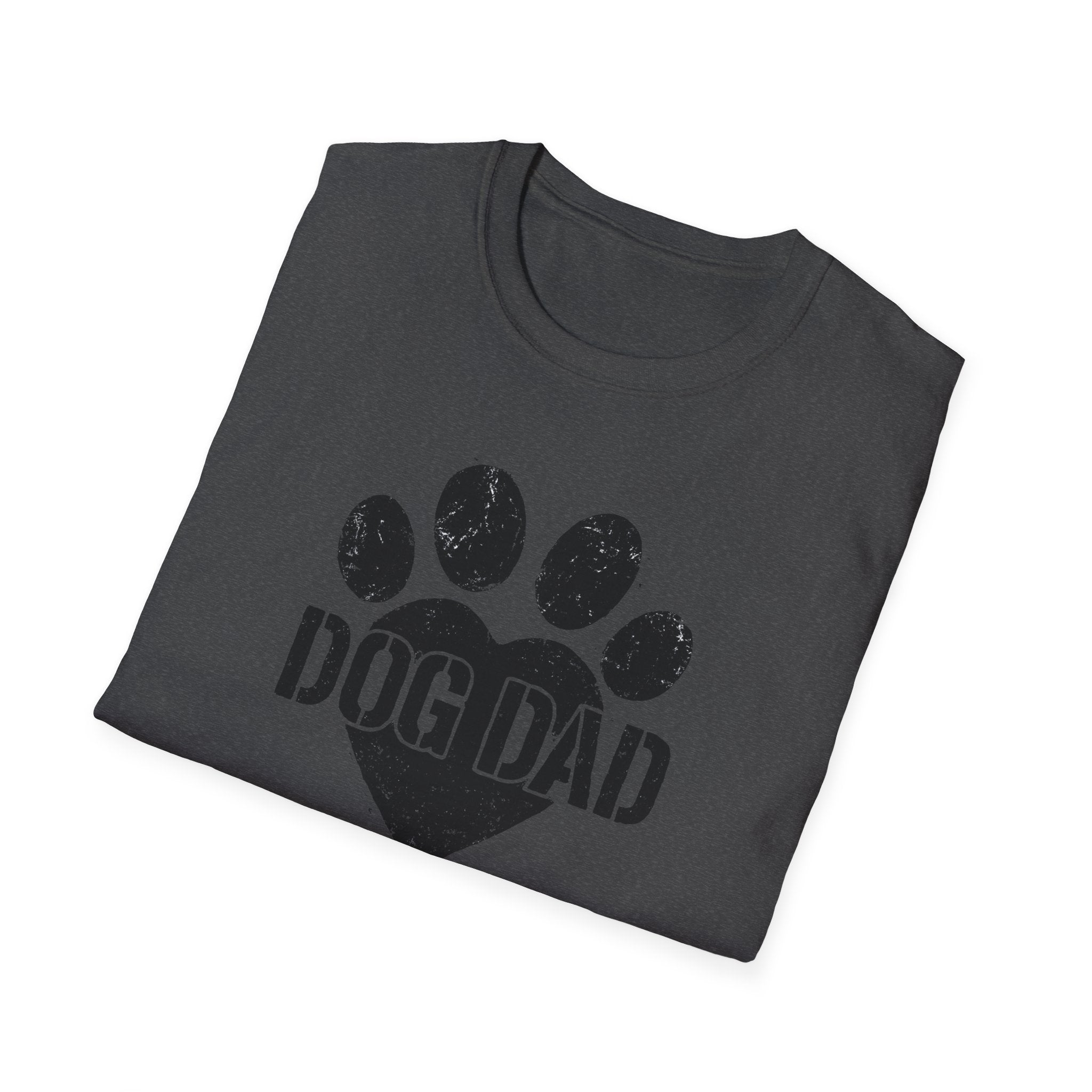 Folded gray t-shirt with 'DOG DAD' text and paw print design on a white background