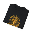 Black t-shirt with a gold cat wearing a crown design on a white background